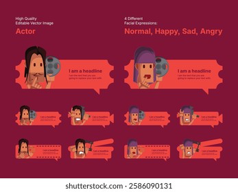 Character design of male and female actors in four different facial expressions (Normal, Happy, Sad, Angry).
Various speech bubbles for text, chatting and message box.