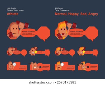 Character design of male and female athlete in four different facial expressions (Normal, Happy, Sad, Angry).
Various speech bubbles for text, chatting and message box.