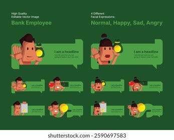 Character design of male and female bank employee in four different facial expressions (Normal, Happy, Sad, Angry).
Various speech bubbles for text, chatting and message box.