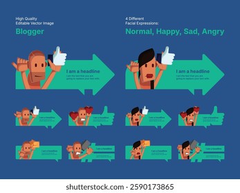 Character design of male and female blogger in four different facial expressions (Normal, Happy, Sad, Angry).
Various speech bubbles for text, chatting and message box.