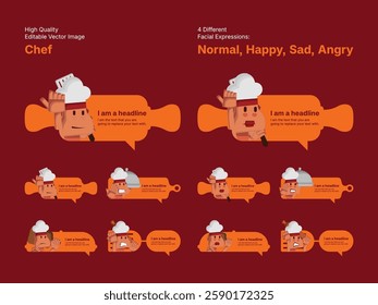 Character design of male and female chef in four different facial expressions (Normal, Happy, Sad, Angry).
Various speech bubbles for text, chatting and message box.