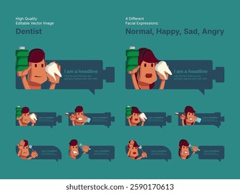 Character design of male and female dentist in four different facial expressions (Normal, Happy, Sad, Angry).
Various speech bubbles for text, chatting and message box.