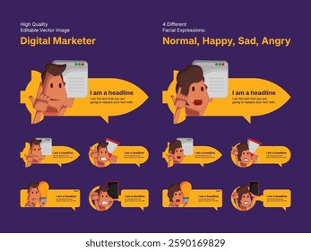 Character design of male and female digital marketer in four different facial expressions (Normal, Happy, Sad, Angry).
Various speech bubbles for text, chatting and message box.