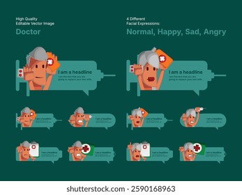 Character design of male and female doctor in four different facial expressions (Normal, Happy, Sad, Angry).
Various speech bubbles for text, chatting and message box.