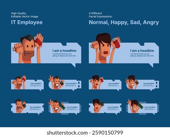 Character design of male and female IT employee in four different facial expressions (Normal, Happy, Sad, Angry).
Various speech bubbles for text, chatting and message box.