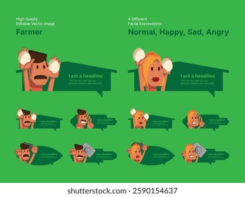 Character design of male and female farmer in four different facial expressions (Normal, Happy, Sad, Angry).
Various speech bubbles for text, chatting and message box.