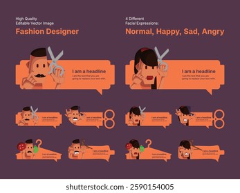 Character design of male and female fashion designer in four different facial expressions (Normal, Happy, Sad, Angry).
Various speech bubbles for text, chatting and message box.