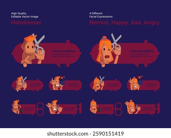 Character design of male and female hairdresser in four different facial expressions (Normal, Happy, Sad, Angry).
Various speech bubbles for text, chatting and message box.