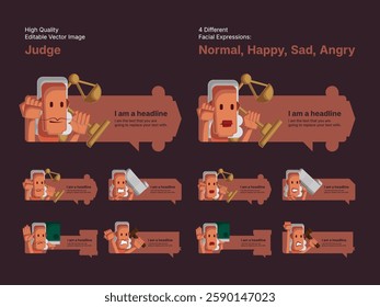 Character design of male and female judge in four different facial expressions (Normal, Happy, Sad, Angry).
Various speech bubbles for text, chatting and message box.