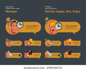 Character design of male and female manager in four different facial expressions (Normal, Happy, Sad, Angry).
Various speech bubbles for text, chatting and message box.