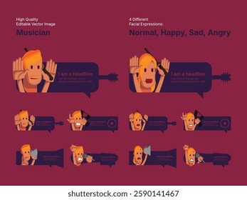 Character design of male and female musician in four different facial expressions (Normal, Happy, Sad, Angry).
Various speech bubbles for text, chatting and message box.