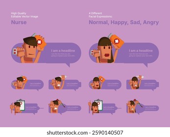 Character design of male and female nurse in four different facial expressions (Normal, Happy, Sad, Angry).
Various speech bubbles for text, chatting and message box.