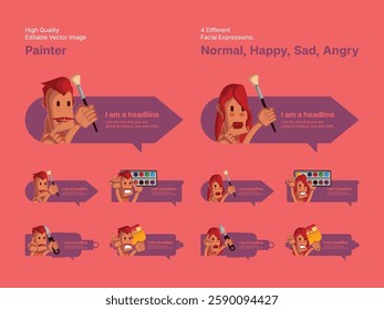 Character design of male and female painter in four different facial expressions (Normal, Happy, Sad, Angry).
Various speech bubbles for text, chatting and message box.