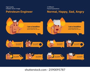 Character design of male and female petroleum engineer in four different facial expressions (Normal, Happy, Sad, Angry).
Various speech bubbles for text, chatting and message box.