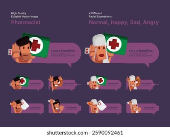 Character design of male and female pharmacist in four different facial expressions (Normal, Happy, Sad, Angry).
Various speech bubbles for text, chatting and message box.