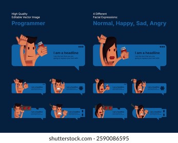 Character design of male and female programmer in four different facial expressions (Normal, Happy, Sad, Angry).
Various speech bubbles for text, chatting and message box.