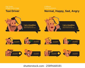 Character design of male and female taxi driver in four different facial expressions (Normal, Happy, Sad, Angry)
Various speech bubbles for text, chatting and message box