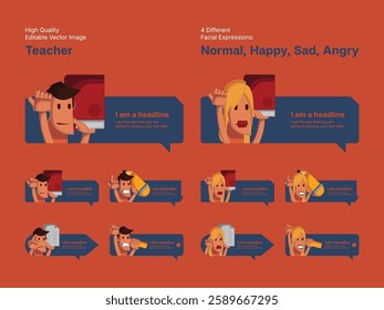 Character design of male and female teacher in four different facial expressions (Normal, Happy, Sad, Angry).
Various speech bubbles for text, chatting and message box.