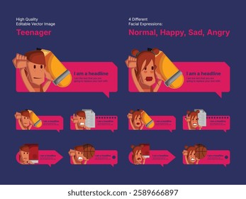 Character design of male and female teenager in four different facial expressions (Normal, Happy, Sad, Angry).
Various speech bubbles for text, chatting and message box.