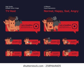 Character design of male and female TV host in four different facial expressions (Normal, Happy, Sad, Angry).
Various speech bubbles for text, chatting and message box.