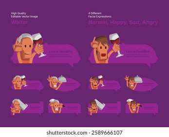 Character design of male and female waiter in four different facial expressions (Normal, Happy, Sad, Angry).
Various speech bubbles for text, chatting and message box.