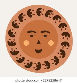 Charakterdesign, menschliches, seltsames Aussehen. Reine Illustration, lebhaftes abstraktes Gesicht mit Blumen. Comic-Gesicht, Cartoon-Maskottchen, Vektoraufkleber. Einzeln auf Weiß
