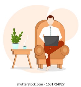 Character design of man, sitting in the room, at home with notebook in vector design. Concept illustration, staying at home, freelance, comfortable workplace. Graphic simple flat design.