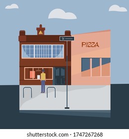 character design man takeaway pizza of store