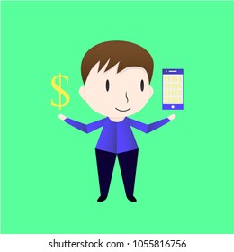 Character design of man who is exchanging money by telephone. Vector of the boy isolated on green background.