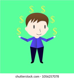Character design of man who is exchanging money. Vector of the boy isolated on green background.