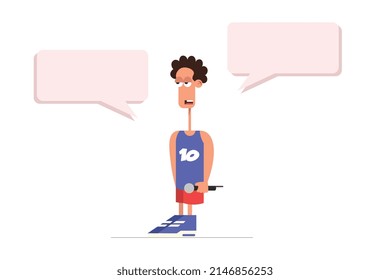 Character design with microphone and speech bubbles, white background in vector for commercial use.