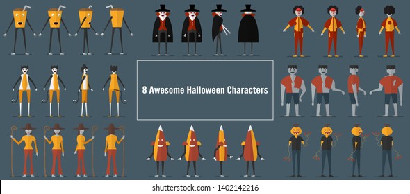 Character design of monsters for Halloween day, 31 October, Vector illustration isolated on dark blue background.