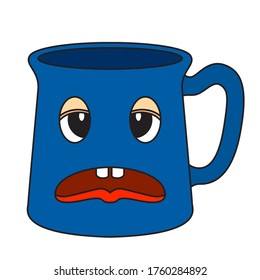 character design of a mug object. cute cartoon with a tired face