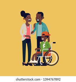 Character design on African parents and their limited abilities son together smiling Cheerful African family with disabled child in a wheelchair flat design vector illustration