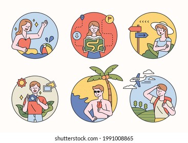 Character design on vacation inside a circle. People swimming, drinking cocktails on the beach, going abroad, looking at maps, finding directions and taking pictures. flat design vector illustration.