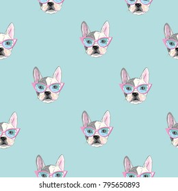 Character design pattern background of head bulldog.Doodle style on green blue.