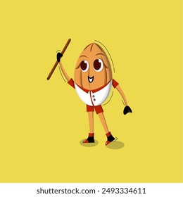 character design of a peanut holding a stick with a yellow background