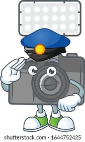 Ein Charakterdesign einer Fotokamera mit Beleuchtung, die als Polizeibeamter arbeitet