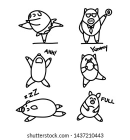 Character design, piggy in various acting
