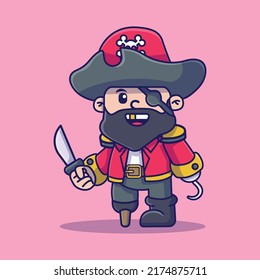 Character design pirate cartoon vector icon. Pirate captain with blindfold and sword in hand icon concept. Flat cartoon style