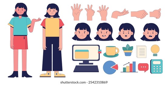 Character Design Retro Girl Set Collection, Set of different poses of arms and legs, creating your own character options and head and body positions for animation. DIY kit. Vector illustration in flat