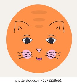 Character design, rounded kitten muzzle. Cute creature, abstract round kitten muzzle with black eyes. Colored shape, bright figure, social media. Isolated on white
