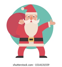 character design of Santa Claus holding present bag on shoulder, Merry Christmas, winter holiday. cartoon flat vector illustration. 