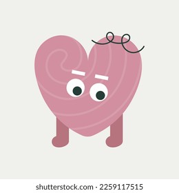 Character design, school education concept. Cute illustration, pink heart, curly hair. Comic face, cartoon mascot, vector sticker. Isolated on white.