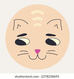 Character design, school round cat face. Cute illustration, pretty cat with black eyes. Comic face, cartoon mascot, vector sticker. Isolated on white
