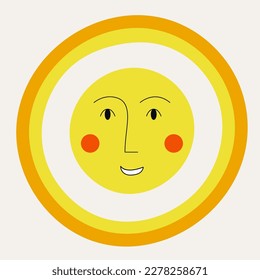 Diseño de caracteres, concepto de verano escolar. Ilustración, pequeño sol feliz. Cara cómica, mascota de dibujos animados, pegatina vectorial. Aislado sobre blanco

