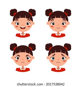 Character design set of cartoon style little girl with different emotions. Vector illustration of a cute child with brown hair showing happy, sad and angry facial expressions.