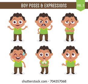 Character design set of a cute black boy in different poses. Cartoon style illustration, isolated on white background. Body gestures and facial expressions. Vector illustration. 
