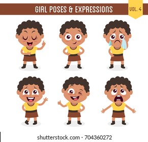 Character design set of a cute black girl in different poses. Cartoon style illustration, isolated on white background. Body gestures and facial expressions. Vector illustration. Set 4 of 8.