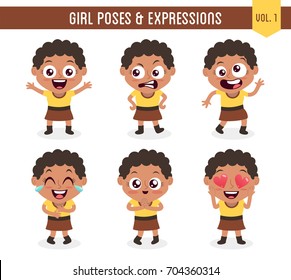 Character design set of a cute black girl in different poses. Cartoon style illustration, isolated on white background. Body gestures and facial expressions. Vector illustration. Set 1 of 8.